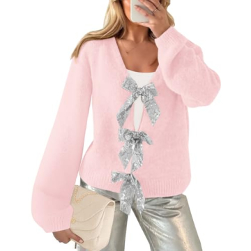 SAUKOLE Tie Front Cardigan Sweaters for Women Fashion Loose Open Front Long Sleeve Casual Sweater Coats Pink