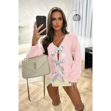 SAUKOLE Tie Front Cardigan Sweaters for Women Fashion Loose Open Front Long Sleeve Casual Sweater Coats Pink