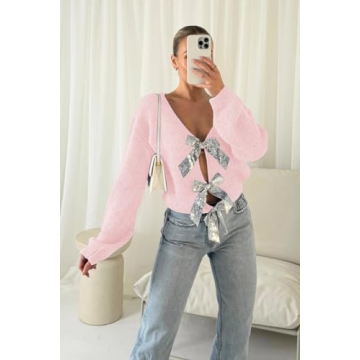 SAUKOLE Tie Front Cardigan Sweaters for Women Fashion Loose Open Front Long Sleeve Casual Sweater Coats Pink