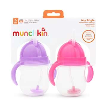 Munchkin Any Angle Sippy Cup for Toddlers, Weighted Straw Trainer Cup with Click Lock Lid, 7 Ounce, 2 Pack, Pink/Purple