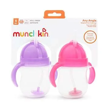 Munchkin Any Angle Sippy Cup for Toddlers, Weighted Straw Trainer Cup with Click Lock Lid, 7 Ounce, 2 Pack, Pink/Purple