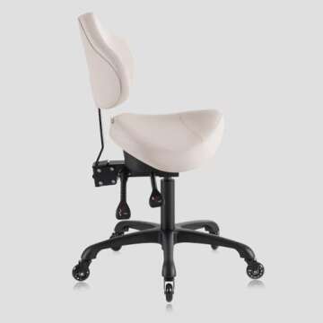 DR.LOMILOMI Pneumatic Swivel Rolling Saddle Chair with Wheels and Ergonomic Back Support for Hair Stylist, Dental Hygienist, Hygienic Clinic, Spa, Massage, Home, Office - 510 KOA (Vanilla, Standard)