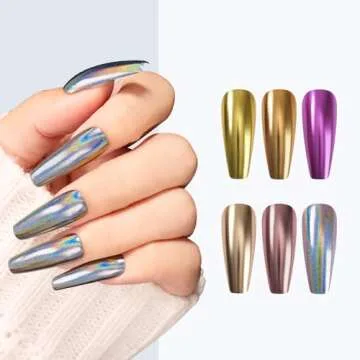 MAYCHAO Chrome Nail Powder 6Pcs Classic Mirror Effect Metallic Dust Holographic Glitter Glazed Manicure Decoration Reflective Pigment for DIY Gel Polish Nail Art, Resin Craft, Gifts
