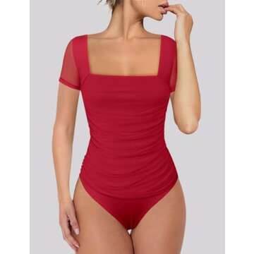Chunpin Women's Square Neck Mesh Short Sleeve Bodysuit Outfits Tops Sexy Thong Bodysuit Red XL