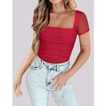 Chunpin Women's Square Neck Mesh Short Sleeve Bodysuit Outfits Tops Sexy Thong Bodysuit Red XL