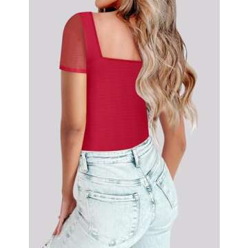 Chunpin Women's Square Neck Mesh Short Sleeve Bodysuit Outfits Tops Sexy Thong Bodysuit Red XL
