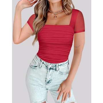 Chunpin Women's Square Neck Mesh Short Sleeve Bodysuit Outfits Tops Sexy Thong Bodysuit Red XL