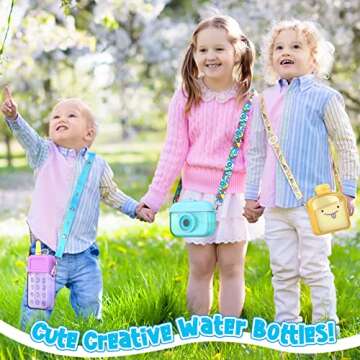 Queekay 6 Pcs Water Bottles with Straws for Kids Watermelon Adjustable Strap Leakproof Plastic Watermelon Ice Cream Camera Bread Biscuits Shaped Water Bottle for School Travel