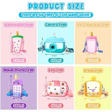 Queekay 6 Pcs Water Bottles with Straws for Kids Watermelon Adjustable Strap Leakproof Plastic Watermelon Ice Cream Camera Bread Biscuits Shaped Water Bottle for School Travel
