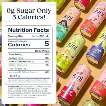 Juni Sparkling Adaptogen Drink - Zero Sugar, 5 Calories, Super Blend of Ashwagandha, Reishi Mushrooms, Lion’s Mane Mushroom with Green Tea for Focus, Non Alcoholic Drink, Decaffeinated,12oz Cans – Variety Pack (12 Pack)