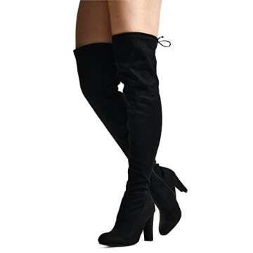 LUSTHAVE Women's Over the Knee Boots - Blake Thigh High Drawstring Stretchy Pull on - Comfortable Block Hee Black SU 9