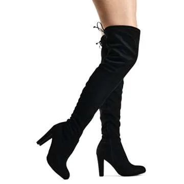 LUSTHAVE Women's Over the Knee Boots - Blake Thigh High Drawstring Stretchy Pull on - Comfortable Block Hee Black SU 9