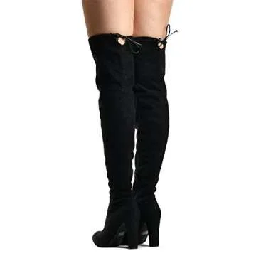 LUSTHAVE Women's Over the Knee Boots - Blake Thigh High Drawstring Stretchy Pull on - Comfortable Block Hee Black SU 9