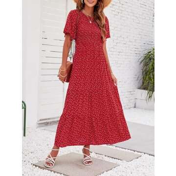 ZESICA Women's 2025 Summer Casual Floral Print Short Flutter Sleeve Crew Neck Smocked High Waist Flo...