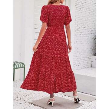 ZESICA Women's 2025 Summer Casual Floral Print Short Flutter Sleeve Crew Neck Smocked High Waist Flowy Maxi Dress,Red,Small