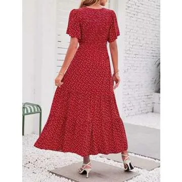 ZESICA Women's 2025 Summer Casual Floral Print Short Flutter Sleeve Crew Neck Smocked High Waist Flowy Maxi Dress,Red,Small