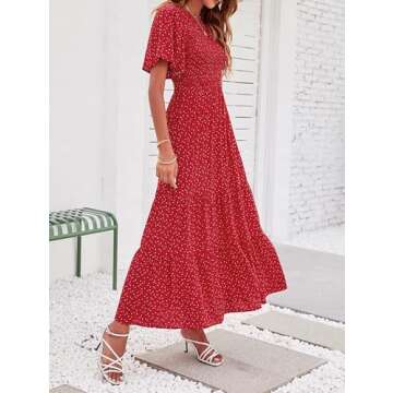 ZESICA Women's 2025 Summer Casual Floral Print Short Flutter Sleeve Crew Neck Smocked High Waist Flowy Maxi Dress,Red,Small