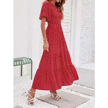ZESICA Women's 2025 Summer Casual Floral Print Short Flutter Sleeve Crew Neck Smocked High Waist Flowy Maxi Dress,Red,Small