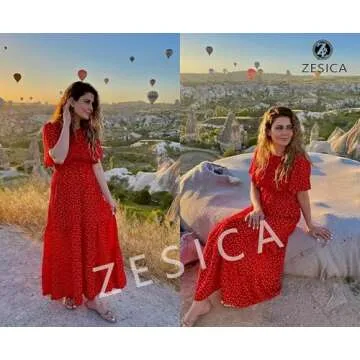 ZESICA Women's 2025 Summer Casual Floral Print Short Flutter Sleeve Crew Neck Smocked High Waist Flowy Maxi Dress,Red,Small