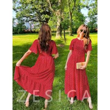 ZESICA Women's 2025 Summer Casual Floral Print Short Flutter Sleeve Crew Neck Smocked High Waist Flowy Maxi Dress,Red,Small