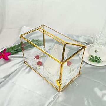 Wedding Gold Glass Card Box with Lock and Slot - Wedding Envelope Card Holder for Reception Handmade Gold Decorative Glass Terrarium, Party Centerpiece Gift Card Box Handmade Vintage Wedding Card Box