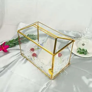 Wedding Gold Glass Card Box with Lock and Slot - Wedding Envelope Card Holder for Reception Handmade Gold Decorative Glass Terrarium, Party Centerpiece Gift Card Box Handmade Vintage Wedding Card Box