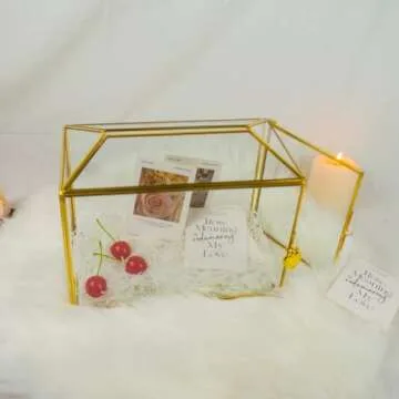 Wedding Gold Glass Card Box with Lock and Slot - Wedding Envelope Card Holder for Reception Handmade Gold Decorative Glass Terrarium, Party Centerpiece Gift Card Box Handmade Vintage Wedding Card Box