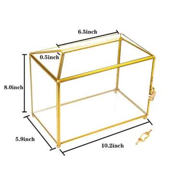 Wedding Gold Glass Card Box with Lock and Slot - Wedding Envelope Card Holder for Reception Handmade Gold Decorative Glass Terrarium, Party Centerpiece Gift Card Box Handmade Vintage Wedding Card Box