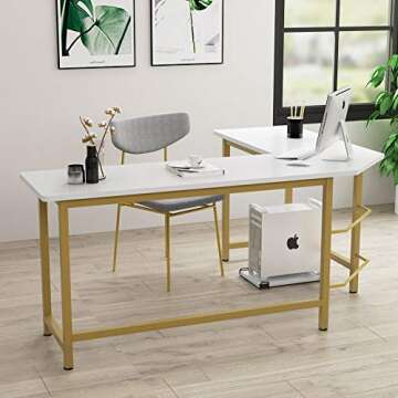 Tribesigns 66 inch Modern L Shaped Desk, Corner Computer Office Desk PC Laptop Gaming Table Workstation for Home Office, White Gold Metal Frame