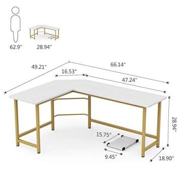 Tribesigns 66 inch Modern L Shaped Desk, Corner Computer Office Desk PC Laptop Gaming Table Workstation for Home Office, White Gold Metal Frame