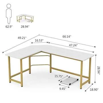 Tribesigns 66 inch Modern L Shaped Desk, Corner Computer Office Desk PC Laptop Gaming Table Workstation for Home Office, White Gold Metal Frame