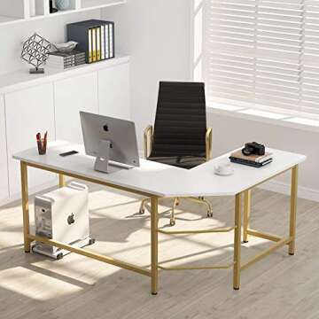 Tribesigns 66 inch Modern L Shaped Desk, Corner Computer Office Desk PC Laptop Gaming Table Workstation for Home Office, White Gold Metal Frame