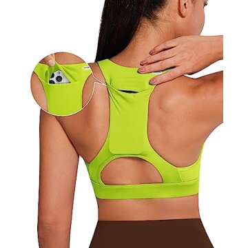 QUEENIEKE High Neck Sports Bra with Phone Pocket, Padded Racerback Bra for Women, Medium Support Sexy Running Gym Yoga Bras Size S Color Highlight Green