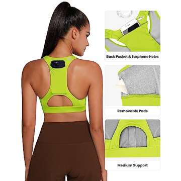 QUEENIEKE High Neck Sports Bra with Phone Pocket, Padded Racerback Bra for Women, Medium Support Sexy Running Gym Yoga Bras Size S Color Highlight Green