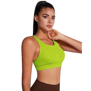 QUEENIEKE High Neck Sports Bra with Phone Pocket, Padded Racerback Bra for Women, Medium Support Sexy Running Gym Yoga Bras Size S Color Highlight Green