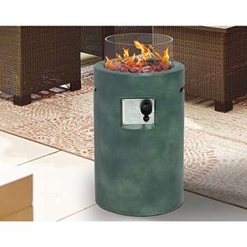 SUNBURY Outdoor Propane Burning Fire Bowl Column, Dark Green Patio Fire Pit Table 40,000 BTU w Lava Rocks, Glass Wind Guard, Waterproof Cover