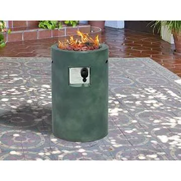 SUNBURY Outdoor Propane Burning Fire Bowl Column, Dark Green Patio Fire Pit Table 40,000 BTU w Lava Rocks, Glass Wind Guard, Waterproof Cover