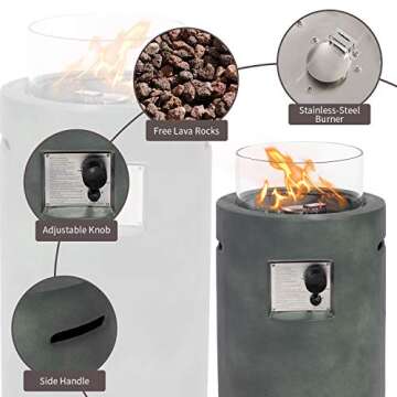 SUNBURY Outdoor Propane Burning Fire Bowl Column, Dark Green Patio Fire Pit Table 40,000 BTU w Lava Rocks, Glass Wind Guard, Waterproof Cover