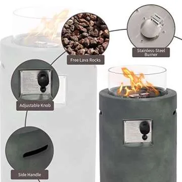 SUNBURY Outdoor Propane Burning Fire Bowl Column, Dark Green Patio Fire Pit Table 40,000 BTU w Lava Rocks, Glass Wind Guard, Waterproof Cover