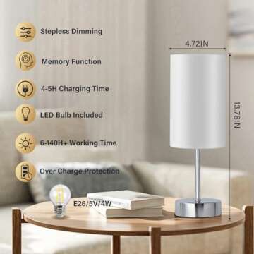 LED Rechargeable Small Cordless Table Lamp, Touch Control,Low Battery Reminder, 5000mAh Battery Powered, Portable Desk Lamp, Stepless Dimming Light for Bedroom, Restaurants, Offices, Cafe (Chrome)