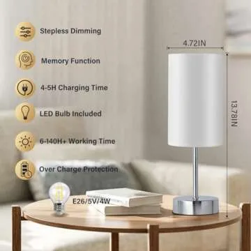 LED Rechargeable Small Cordless Table Lamp, Touch Control,Low Battery Reminder, 5000mAh Battery Powered, Portable Desk Lamp, Stepless Dimming Light for Bedroom, Restaurants, Offices, Cafe (Chrome)