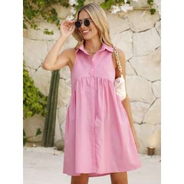 DEEP SELF Women Summer Collared Shirt Dress Casual Loose Button Down Short Dress V Neck Tunic Mini Dress with Pockets Pink