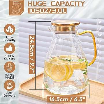 Yirilan Glass Pitcher, 3 Liter Water Pitcher With Lid, Iced Tea Pitcher for Fridge, Glass Water Cara...