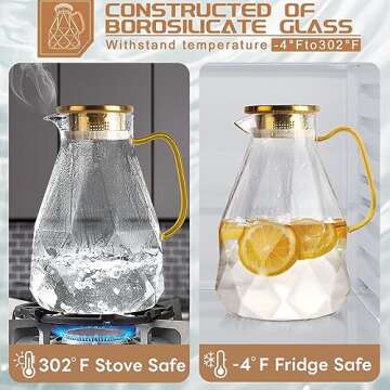 Yirilan Glass Pitcher, 3 Liter Water Pitcher With Lid, Iced Tea Pitcher for Fridge, Glass Water Carafe With Lid, Glass Water Jug, Large Drink Pitcher For Juice, Milk, Cold Or Hot Beverages