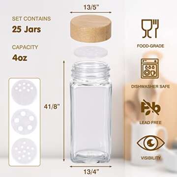 CUCUMI 25pcs Spice Jars with Labels 4oz Glass Spice Bottles with Bamboo Lids, Silicone Collapsible Funnel, Test Tube Brush and Chalk Marker, Seasoning Containers for Spice Rack, Cabinet and Drawer