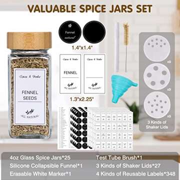 CUCUMI 25pcs Spice Jars with Labels 4oz Glass Spice Bottles with Bamboo Lids, Silicone Collapsible Funnel, Test Tube Brush and Chalk Marker, Seasoning Containers for Spice Rack, Cabinet and Drawer