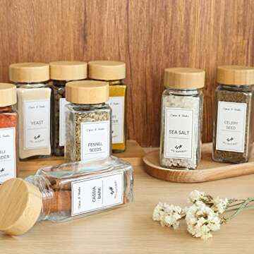 CUCUMI 25pcs Spice Jars with Labels 4oz Glass Spice Bottles with Bamboo Lids, Silicone Collapsible Funnel, Test Tube Brush and Chalk Marker, Seasoning Containers for Spice Rack, Cabinet and Drawer