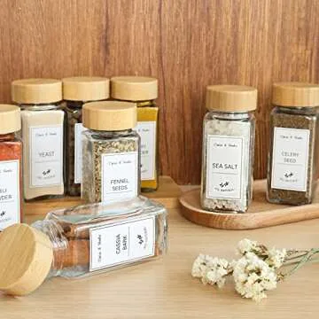 CUCUMI 25pcs Spice Jars with Labels 4oz Glass Spice Bottles with Bamboo Lids, Silicone Collapsible Funnel, Test Tube Brush and Chalk Marker, Seasoning Containers for Spice Rack, Cabinet and Drawer