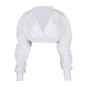 Azhong Women's Collared Puff Long Sleeve Deep V Neck Button Crop Top Blouse Shirt White