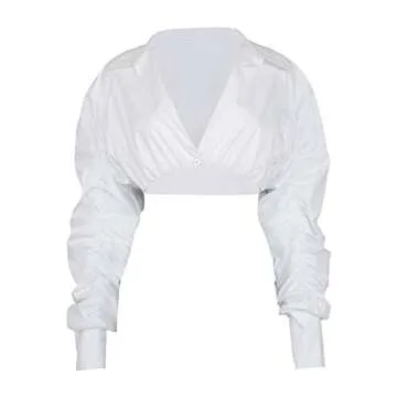 Azhong Women's Collared Puff Long Sleeve Deep V Neck Button Crop Top Blouse Shirt White
